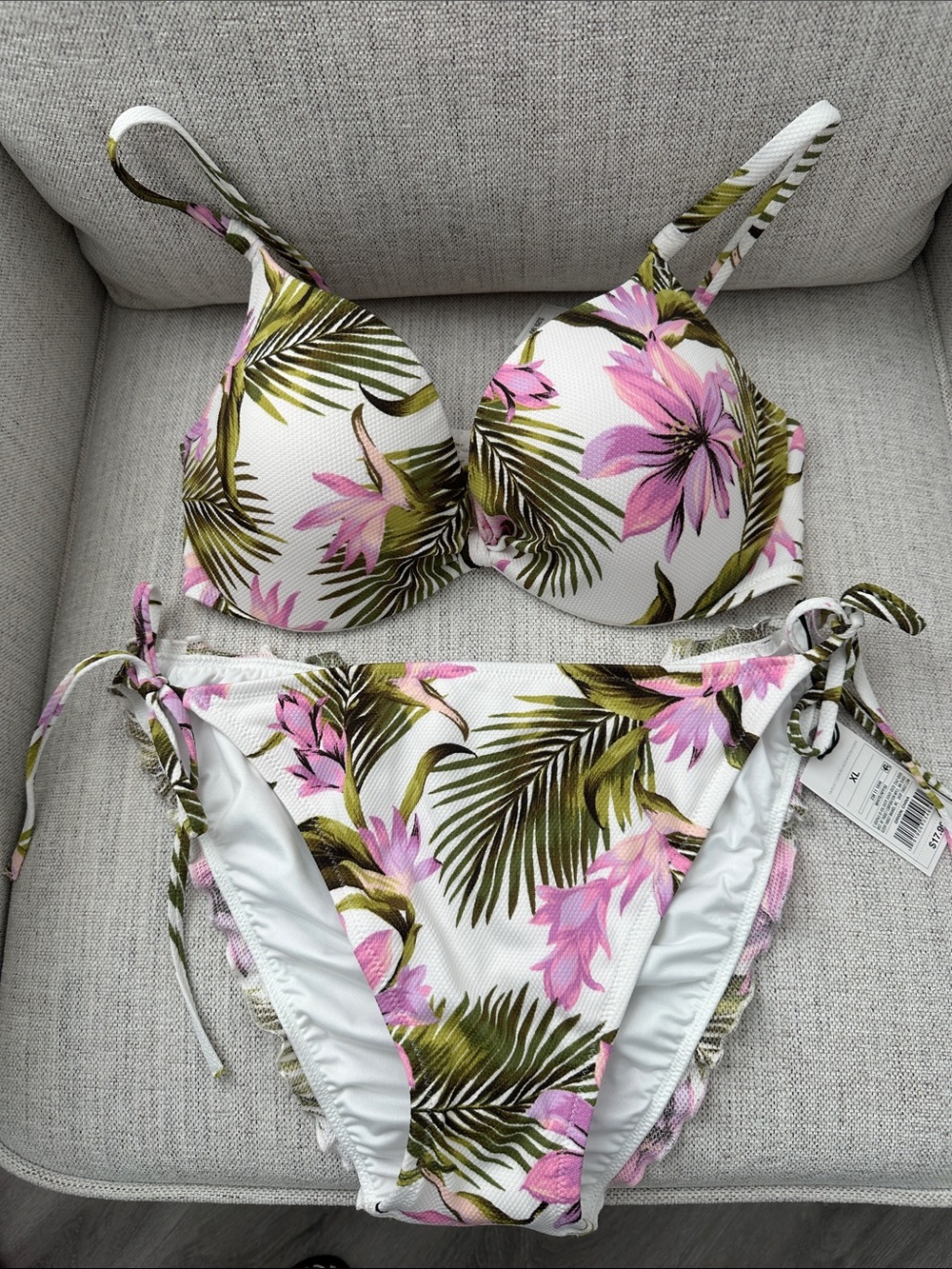 Xhilaration White Bikini Set with Pink Floral & Green Palm Leaves